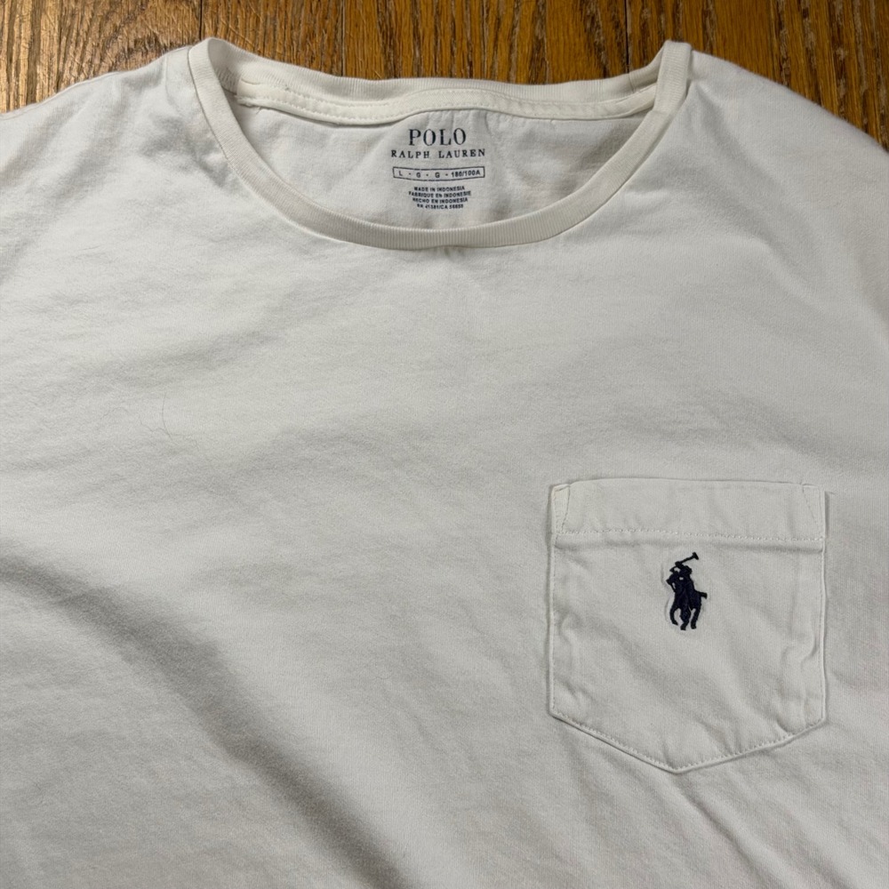 Polo Ralph Lauren Mens White Long Sleeve Pocket T-Shirt Navy Blue Pony Logo L